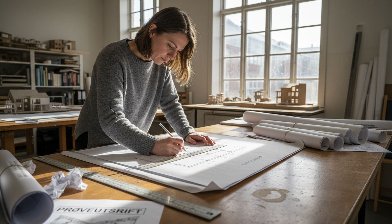 Arkitekten lager skisser av hytas snitt