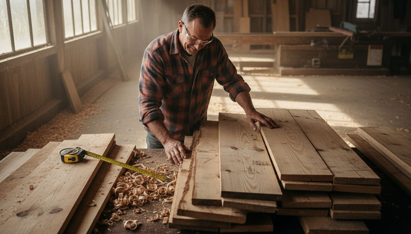 Woodworker sorting Finnish timber planks