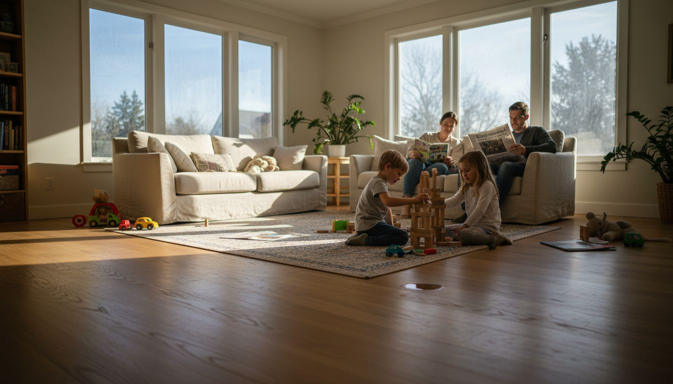 Eine Familie verbringt gemeinsam Zeit und spielt auf einem hellen Parkettboden.
