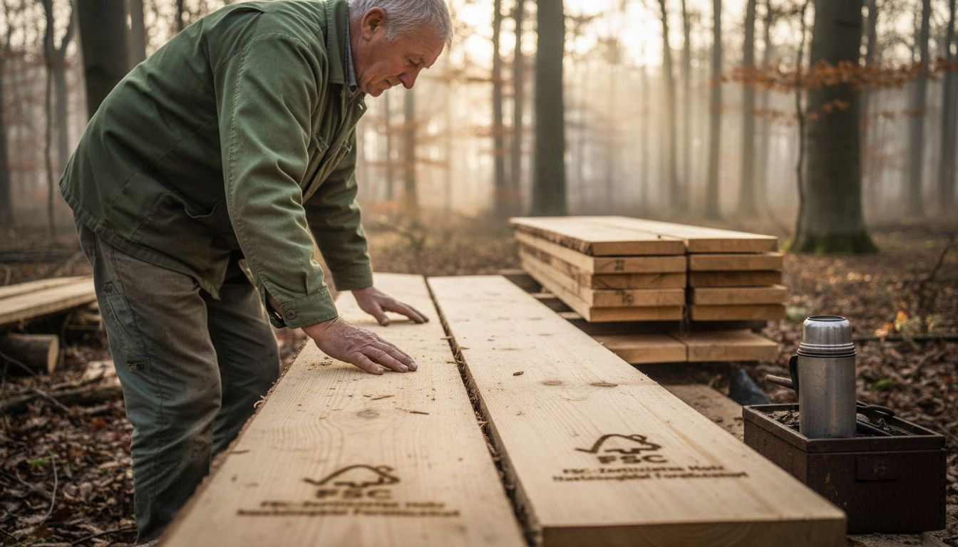 Ein Handwerker begutachtet im Wald sorgfältig Holz aus nachhaltiger Forstwirtschaft.