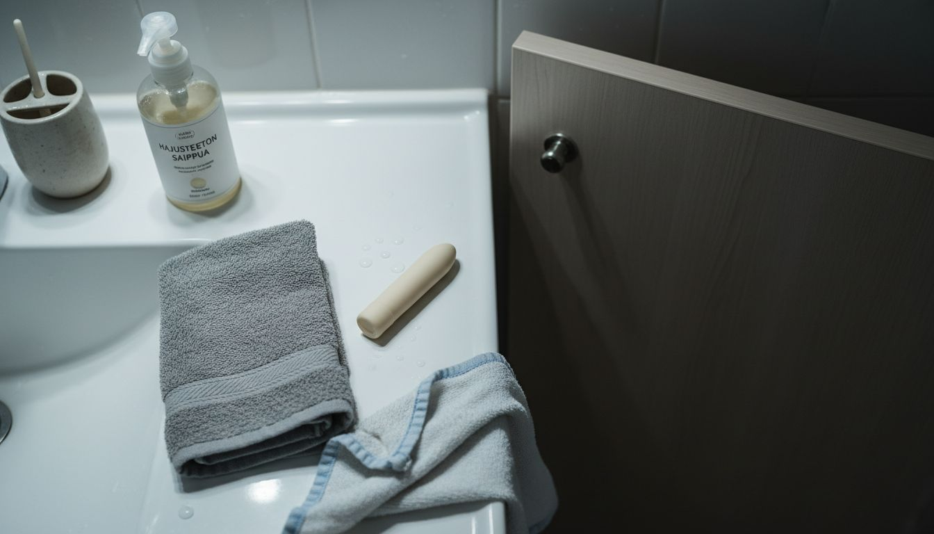Silikoninen dildo pestävänä kylppärin tasolla