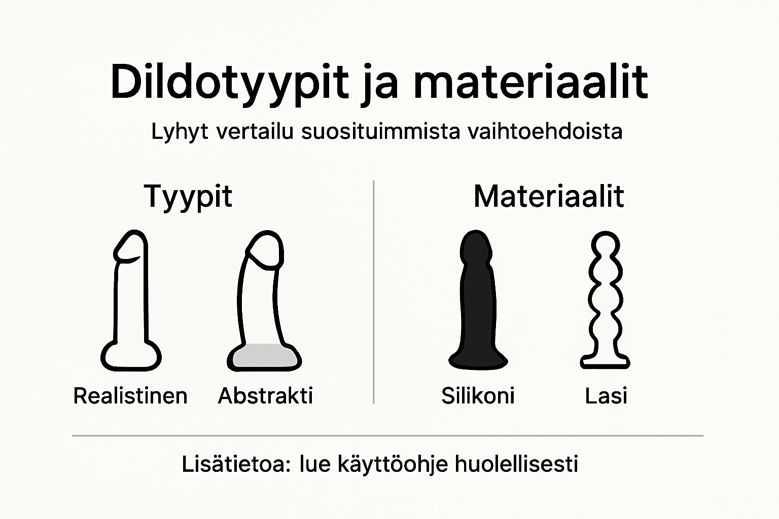 Tässä infografiikassa käydään läpi erilaisia dildomalleja ja niiden materiaaleja vertailun muodossa.
