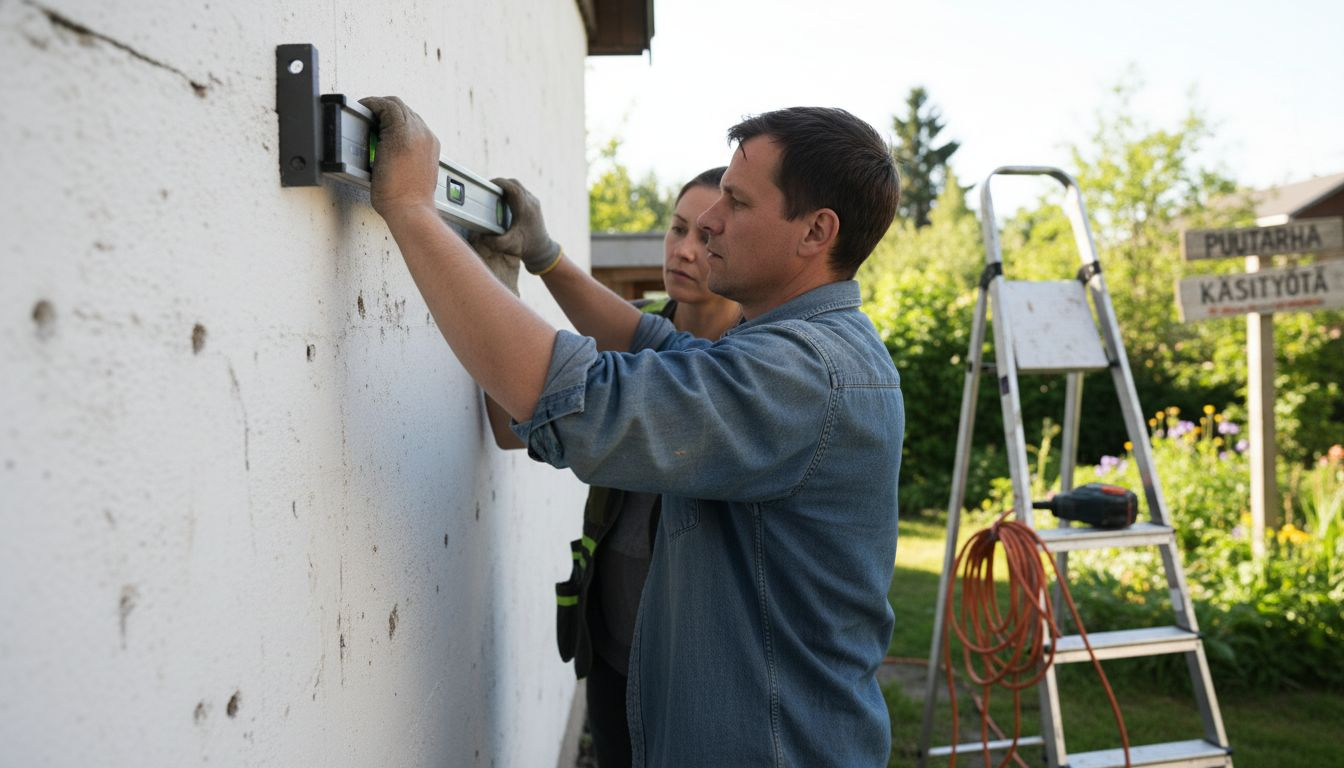 Tiimi kiinnittää markiisin kannaketta seinään.