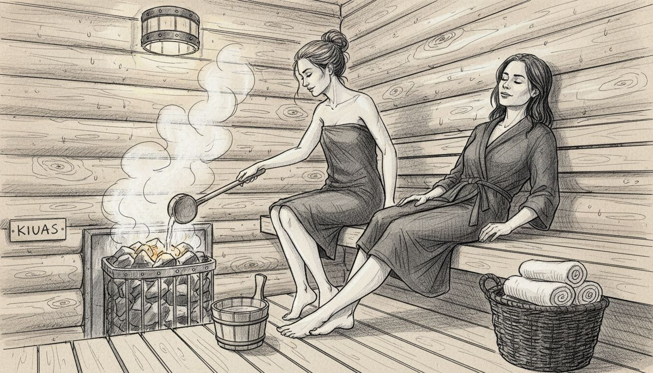 Ihmiset nauttivat löylyistä lämpimässä puusaunassa.