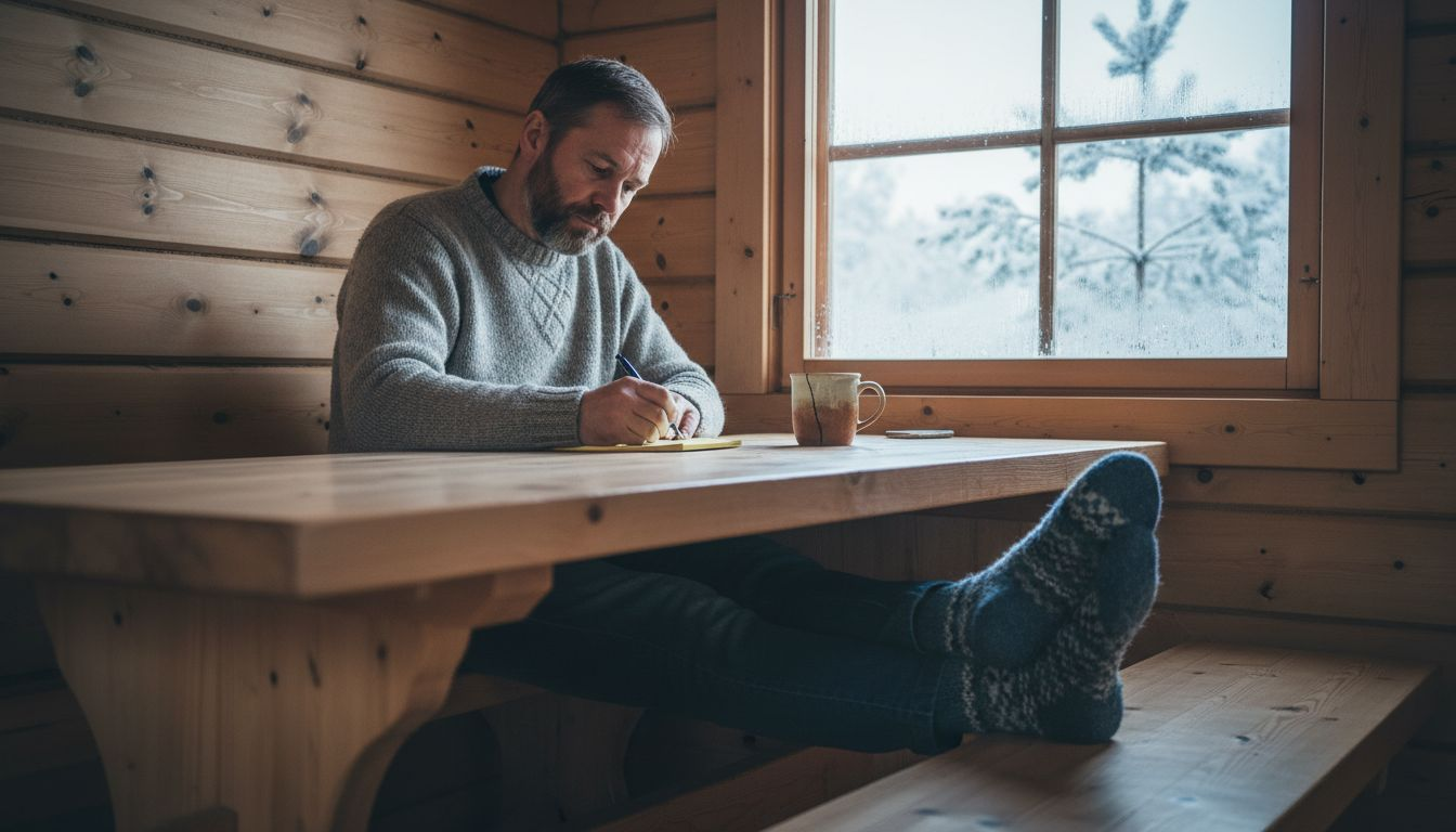 Man writing at pine table in log cottage