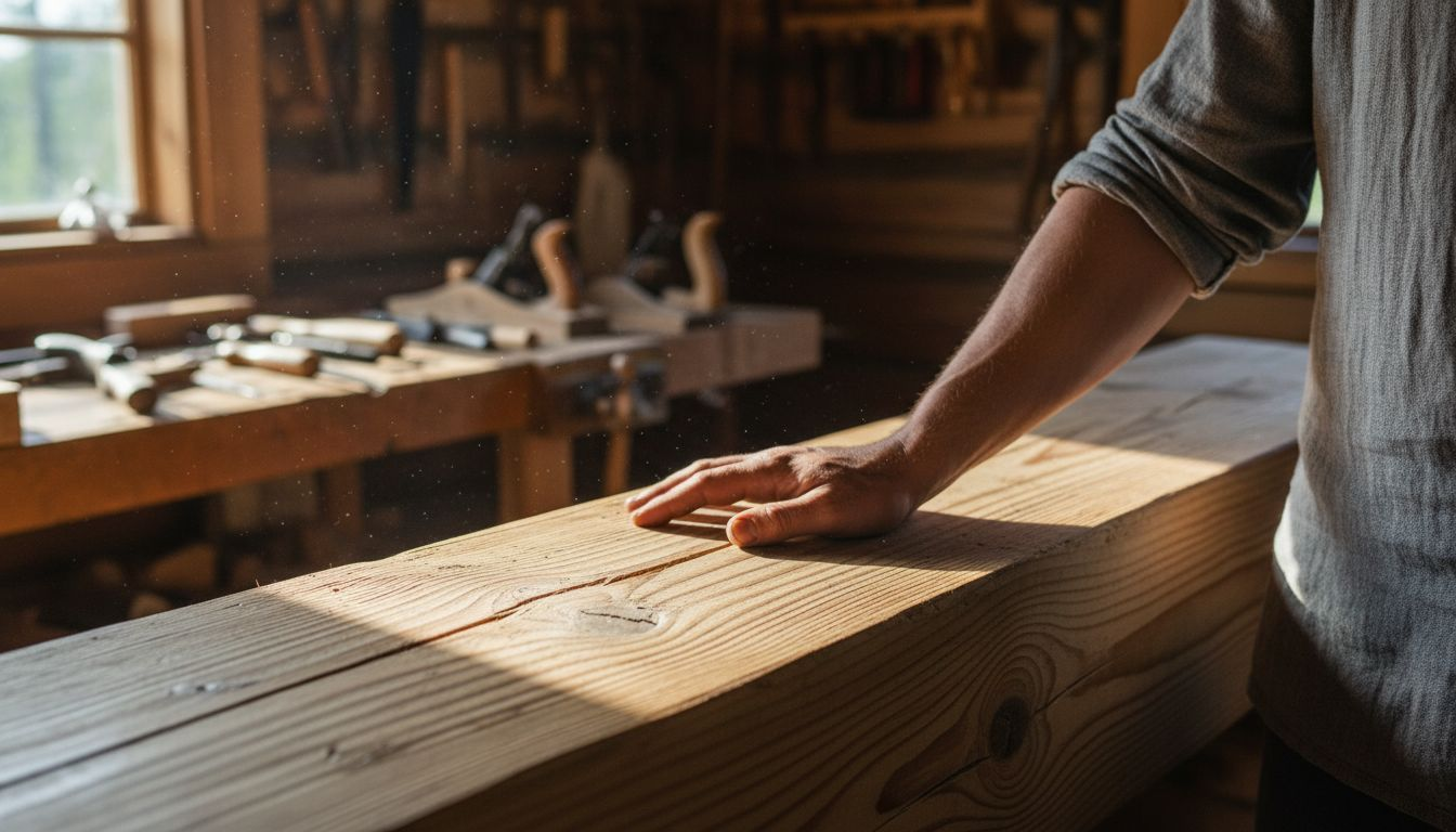 Detailaufnahme von Kiefernholz, bei der die markante Maserung und eine Hand deutlich zu sehen sind.