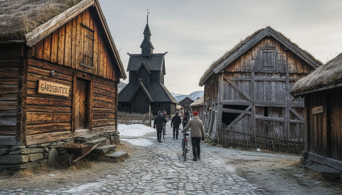 Ei idyllisk bygateg med en stavkirke og gamle tømmerhus langs veien.