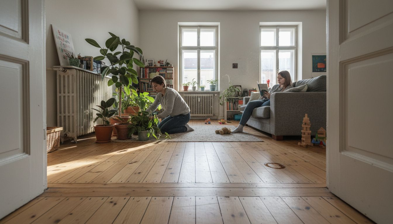 Gemütliches Wohnzimmer mit Parkettboden, in dem ein Paar gemeinsam Zeit verbringt.