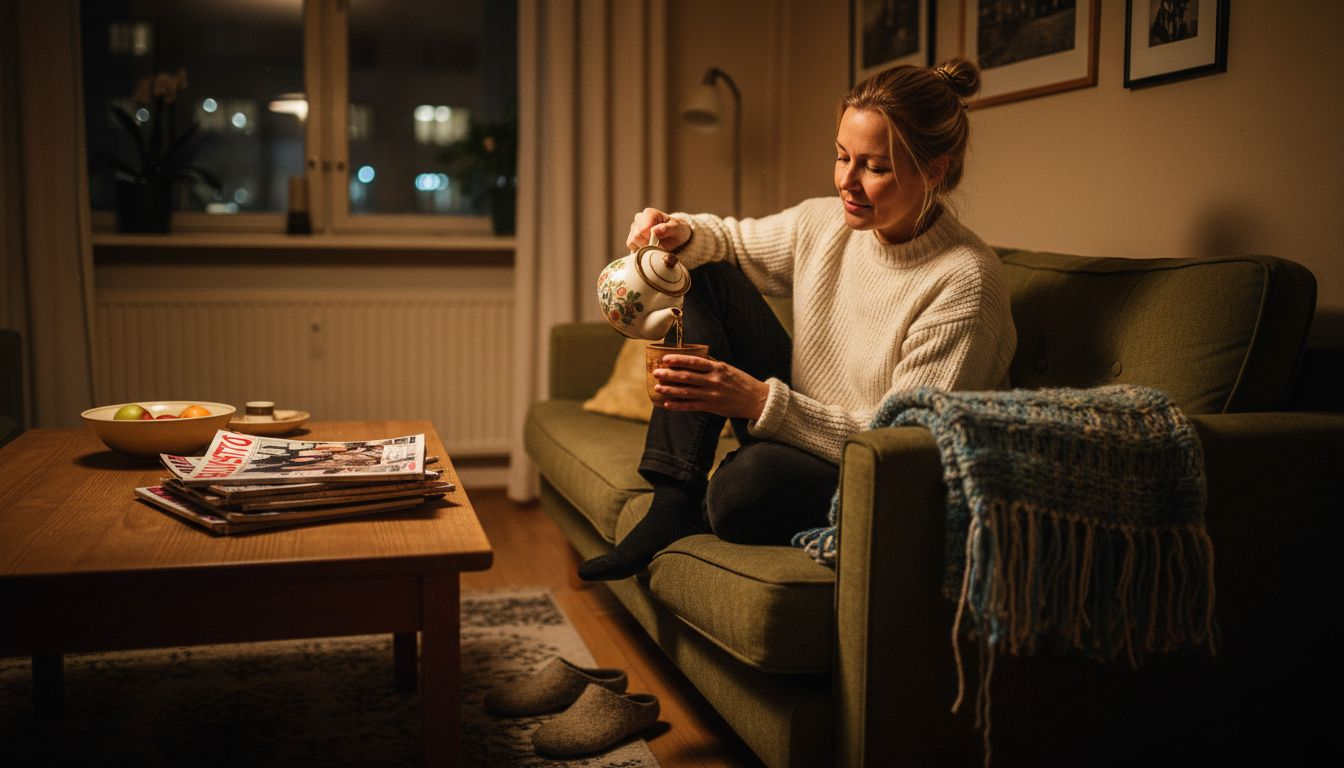 Nainen nauttii rauhallisesta illasta kotona.