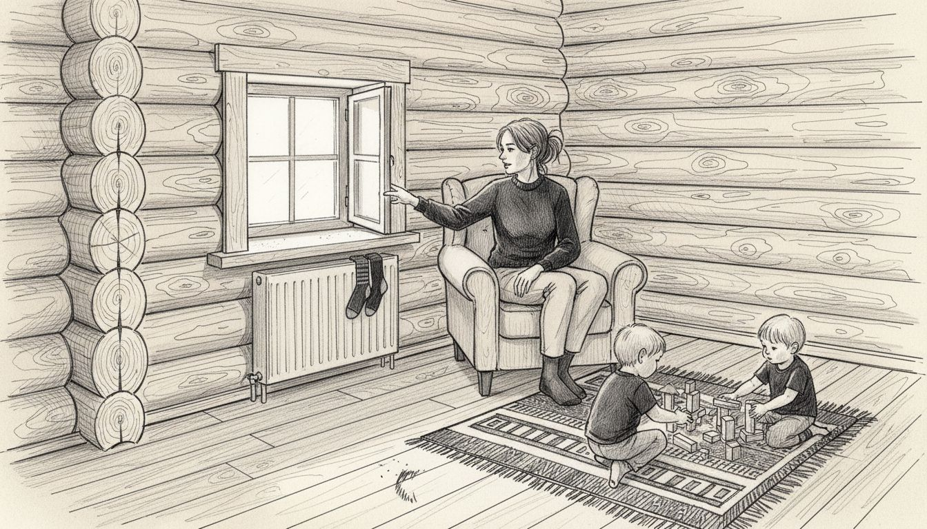 Perhe tuulettaa kotia hirsitalossa avaamalla ikkunan.