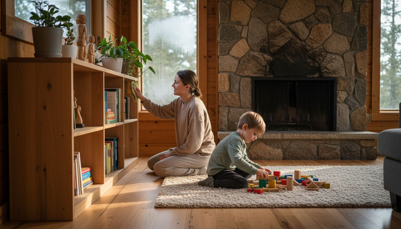 Eine Mutter wischt im Wohnzimmer ihres Blockhauses den Staub von den Holzmöbeln.