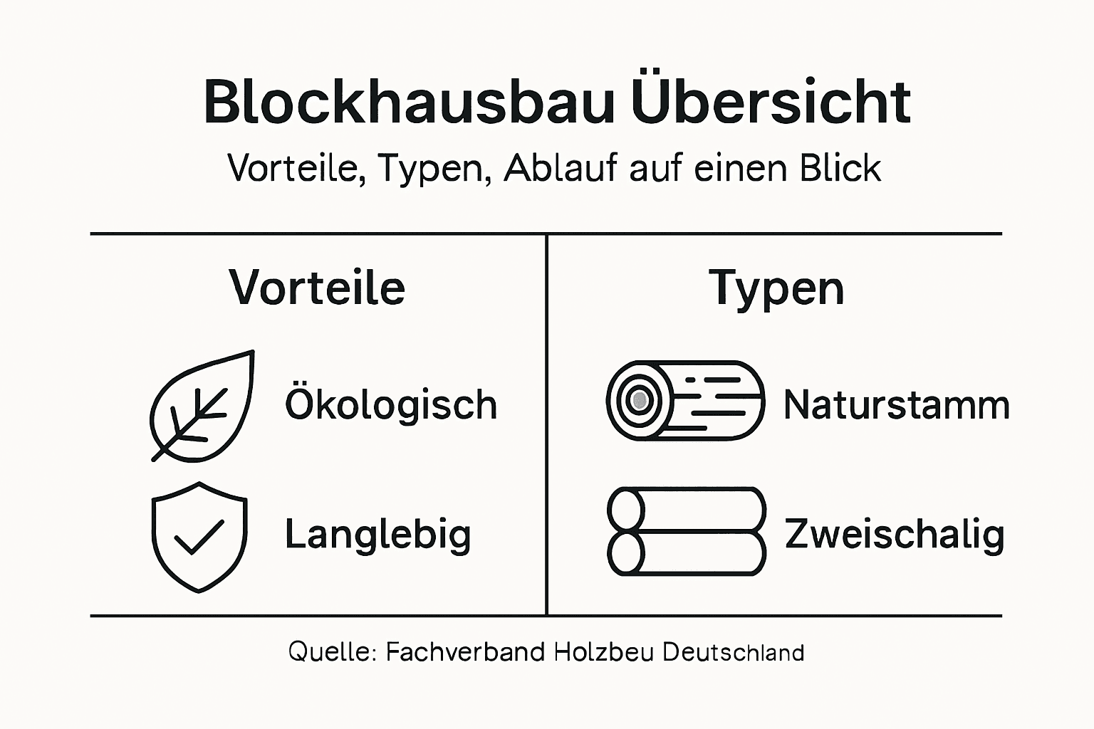 Die Infografik veranschaulicht anschaulich die verschiedenen Bauarten von Blockhäusern sowie deren Vorteile.