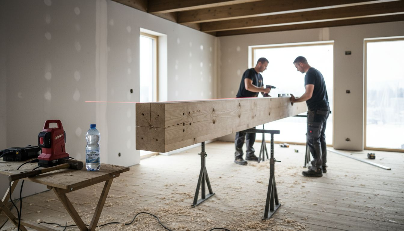 Snekkerne setter opp bjelker inne i trebygget.