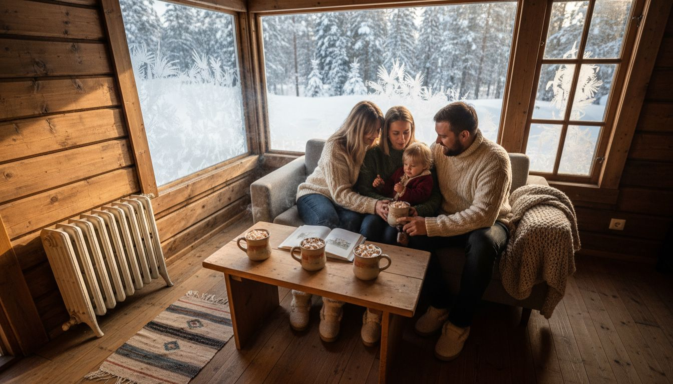 Familjen myser tillsammans i vinterstugan och njuter av värmen inomhus.