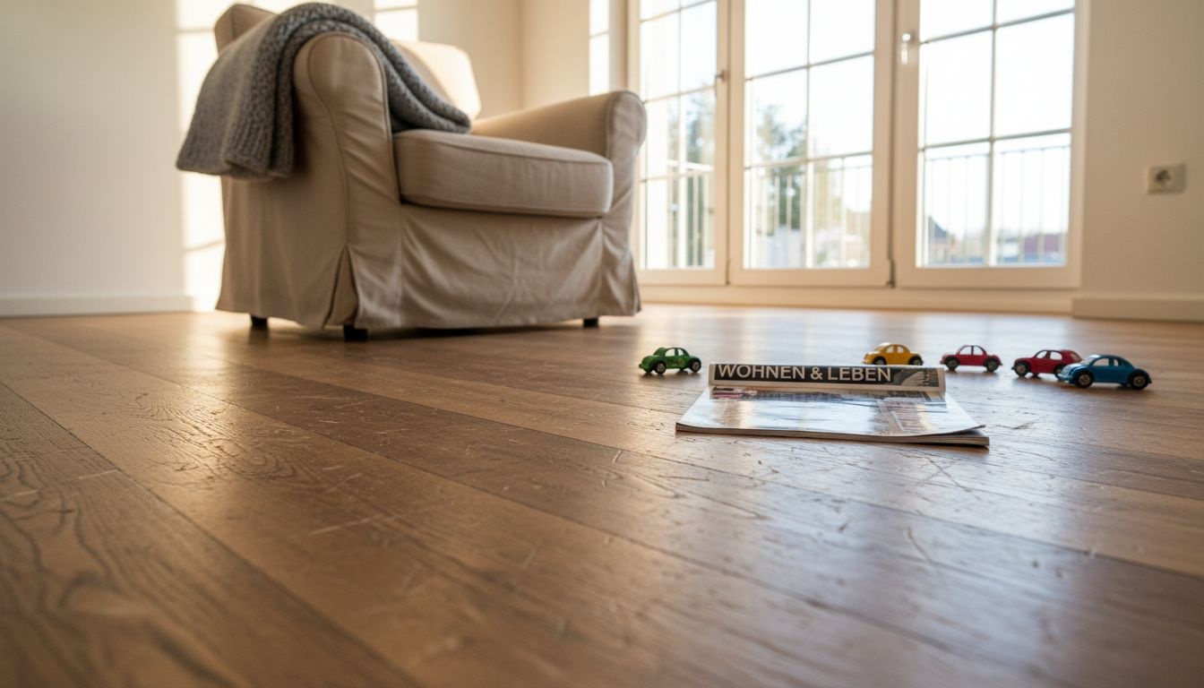 Helles Wohnzimmer mit stilvollen Details und einem Boden aus recyceltem Holz