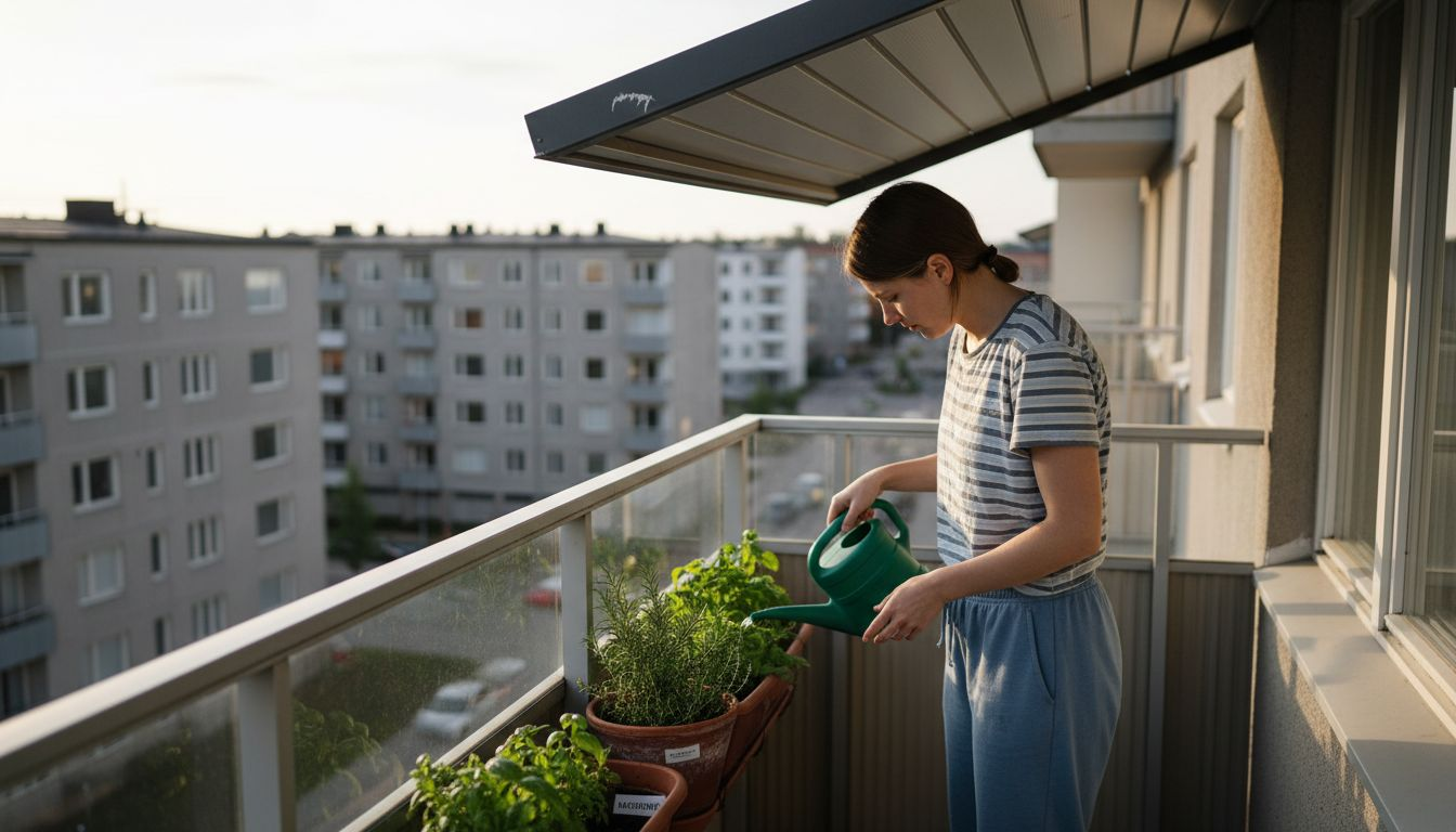Nainen kastelee kukkiaan kaupunkiparvekkeella markiisin suojassa.
