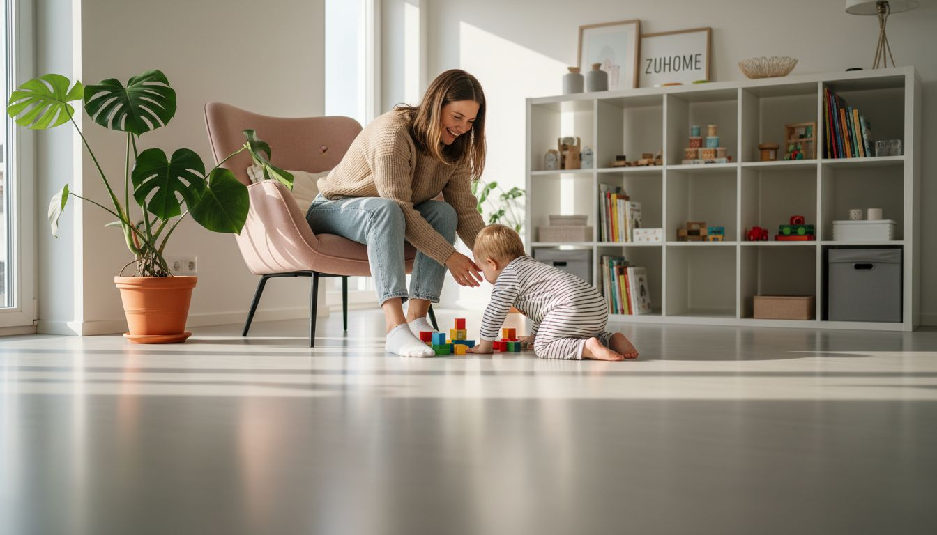 Auf dem pflegeleichten Vinylboden genießt eine Mutter unbeschwerte Spielzeit mit ihrem Kind.