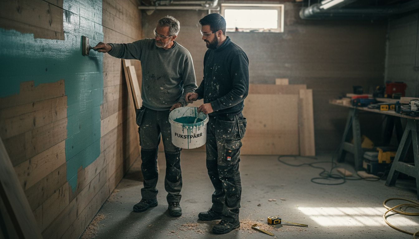 Två personer sätter upp fuktspärr på en trävägg.