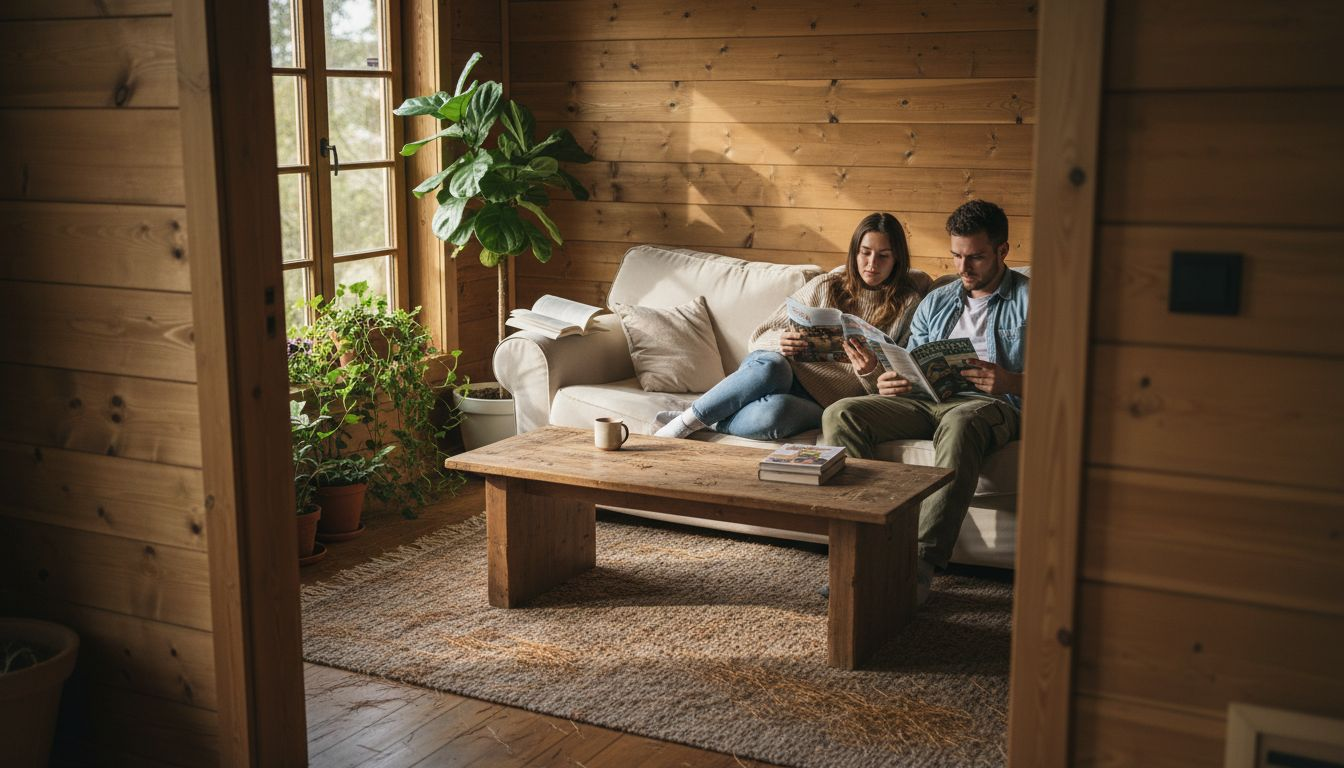 Couple enjoying cozy timber villa interior