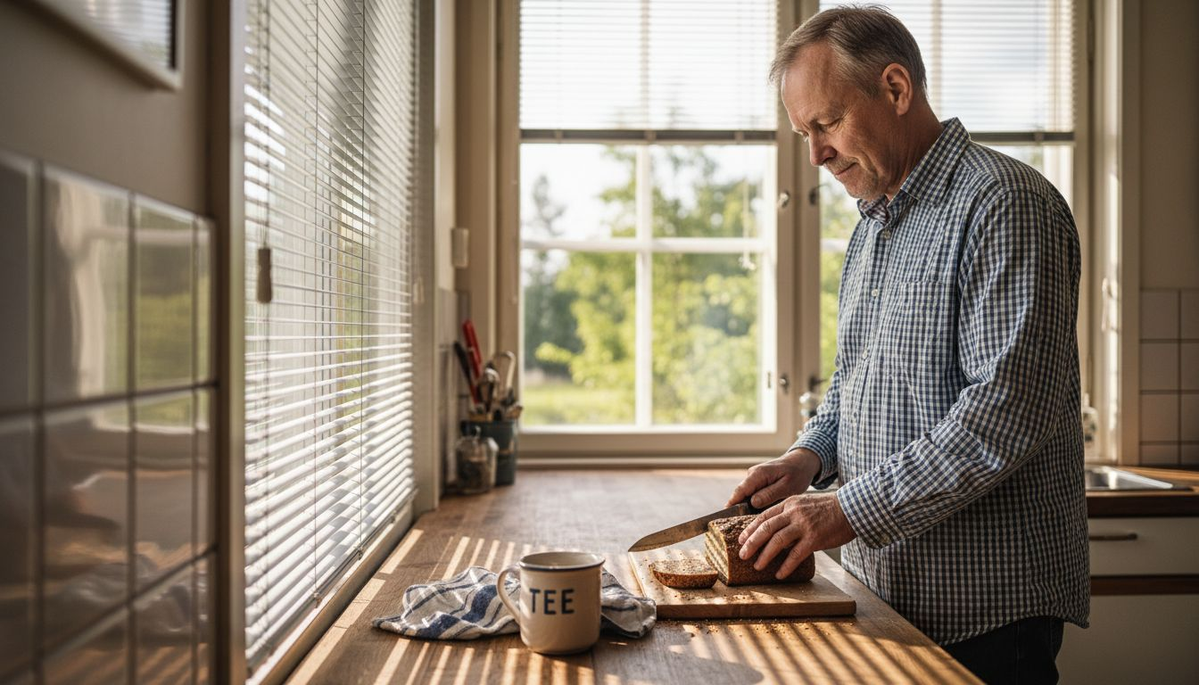 Mies leikkaa tuoretta leipää keittiössä, jossa ikkunassa on sälekaihtimet.