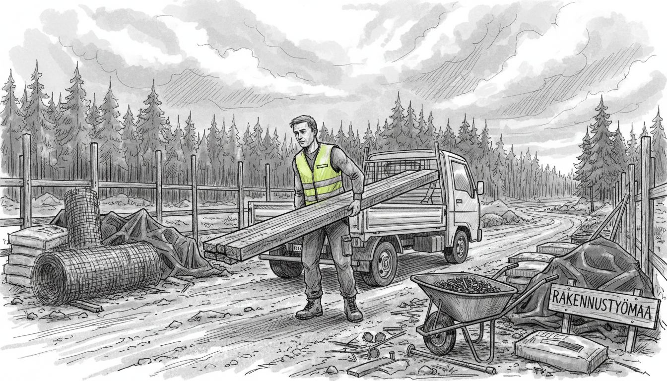 Rakennustyömaalle maaseudulle saapui puutavarakuorma