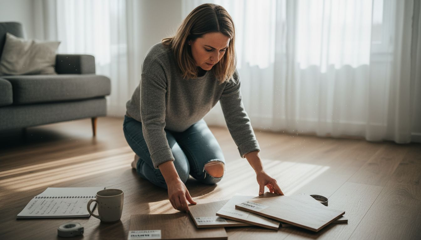 Eine Frau hält verschiedene Vinylboden-Muster ins Sonnenlicht, um die Farben und Strukturen besser vergleichen zu können.