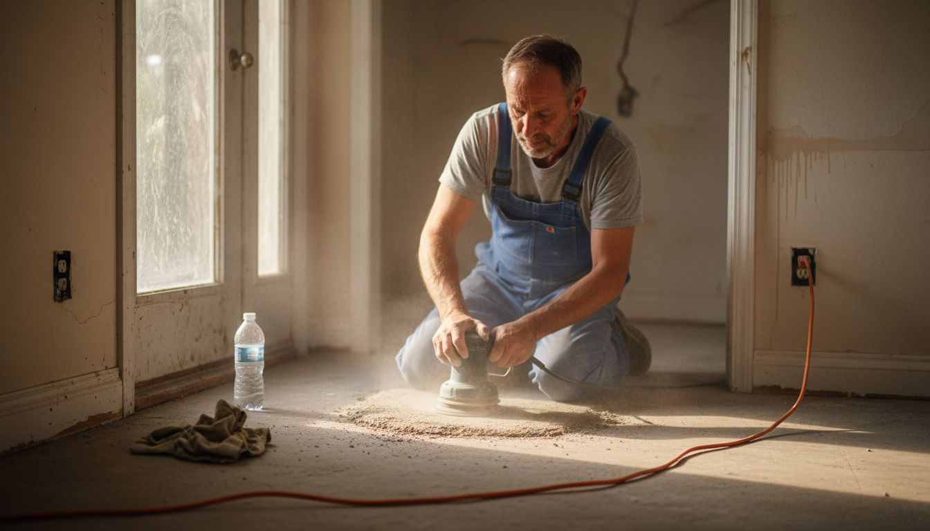 Ein Handwerker bereitet den Betonboden vor und schleift ihn sorgfältig ab.