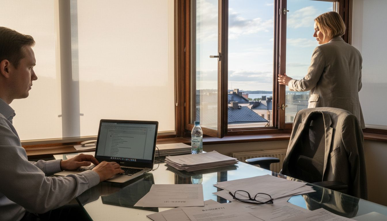 Työkaverit Helsingin toimistolla ikkunan ja sälekaihtimien äärellä