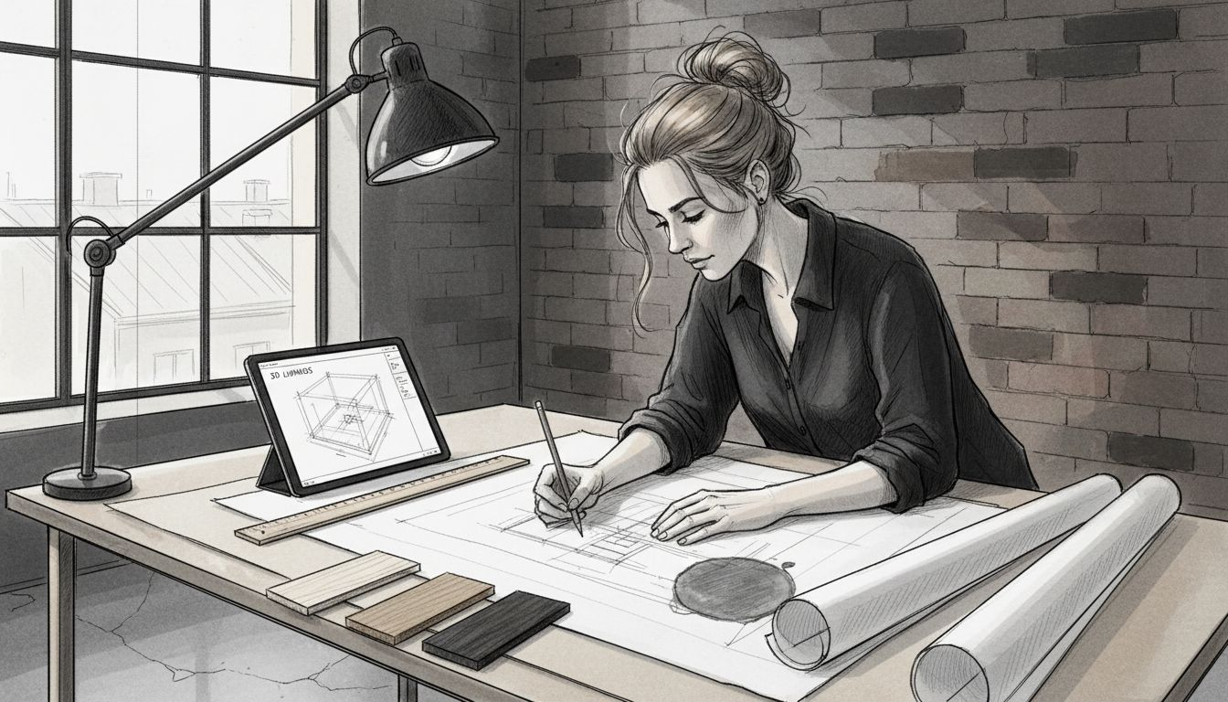 Arkkitehti luonnostelee puurakenteisen rakennuksen teknisiä piirustuksia työpöytänsä äärellä.