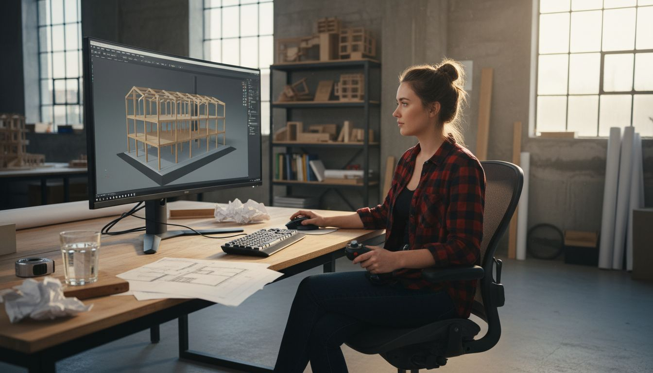 En kvinne jobber digitalt med å tegne trekonstruksjoner.