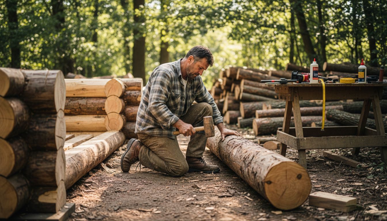 Worker assembling log sauna construction joint