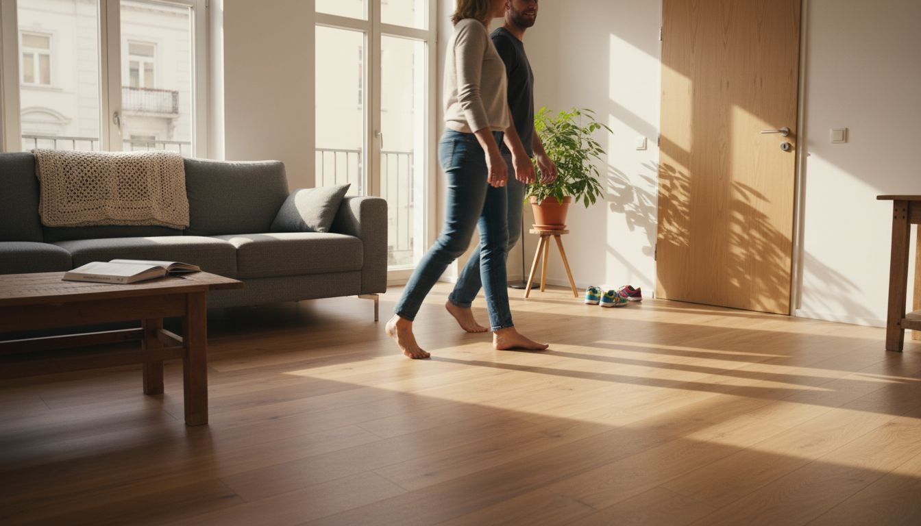 Ein Paar schlendert gemütlich über den digital bedruckten Boden ihrer Wohnung.