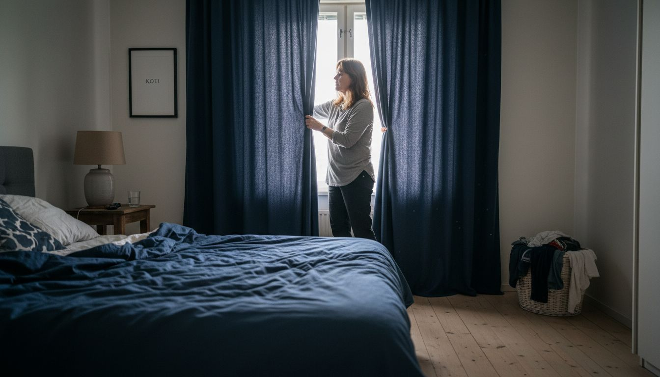 Nainen vetää makuuhuoneen pimennysverhot kiinni.