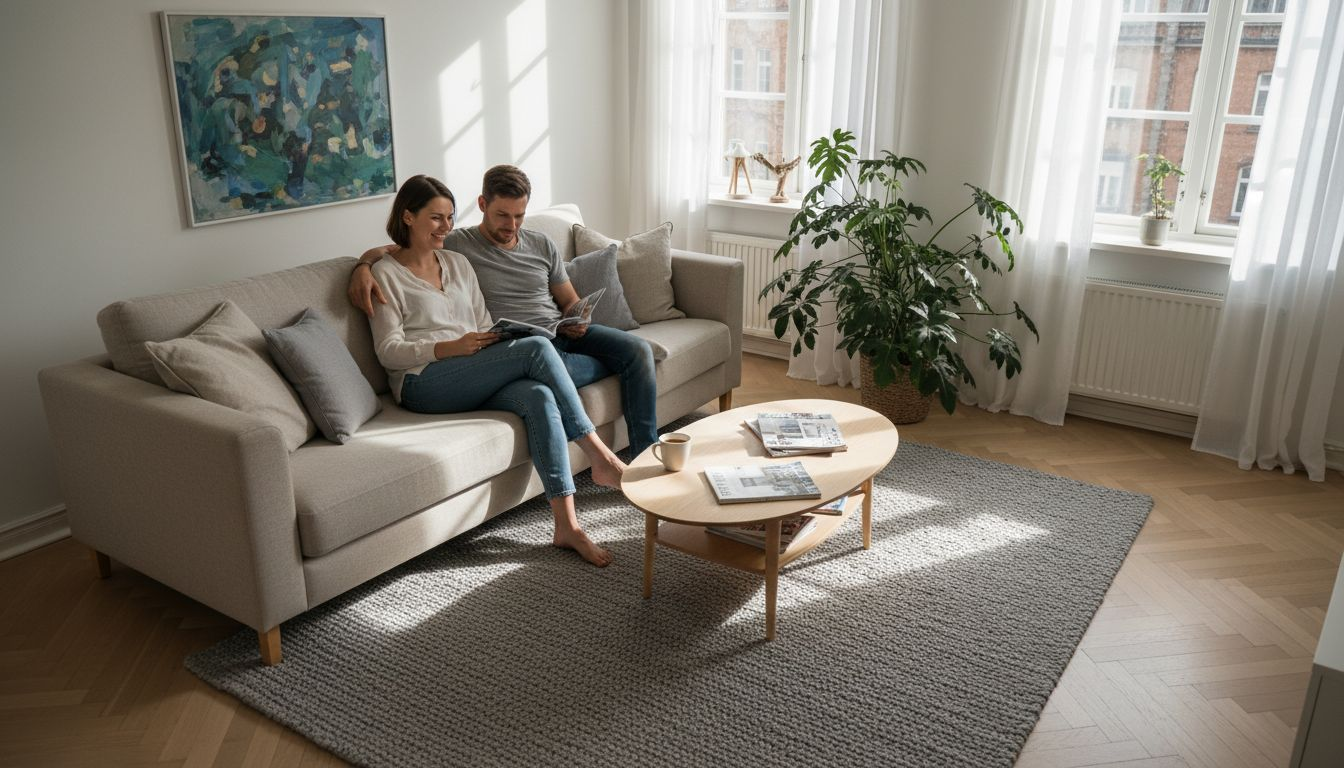 Ein Wohnzimmer mit lichtdurchflutetem Raumgefühl dank einem hellen Parkettboden im Fischgrätmuster.