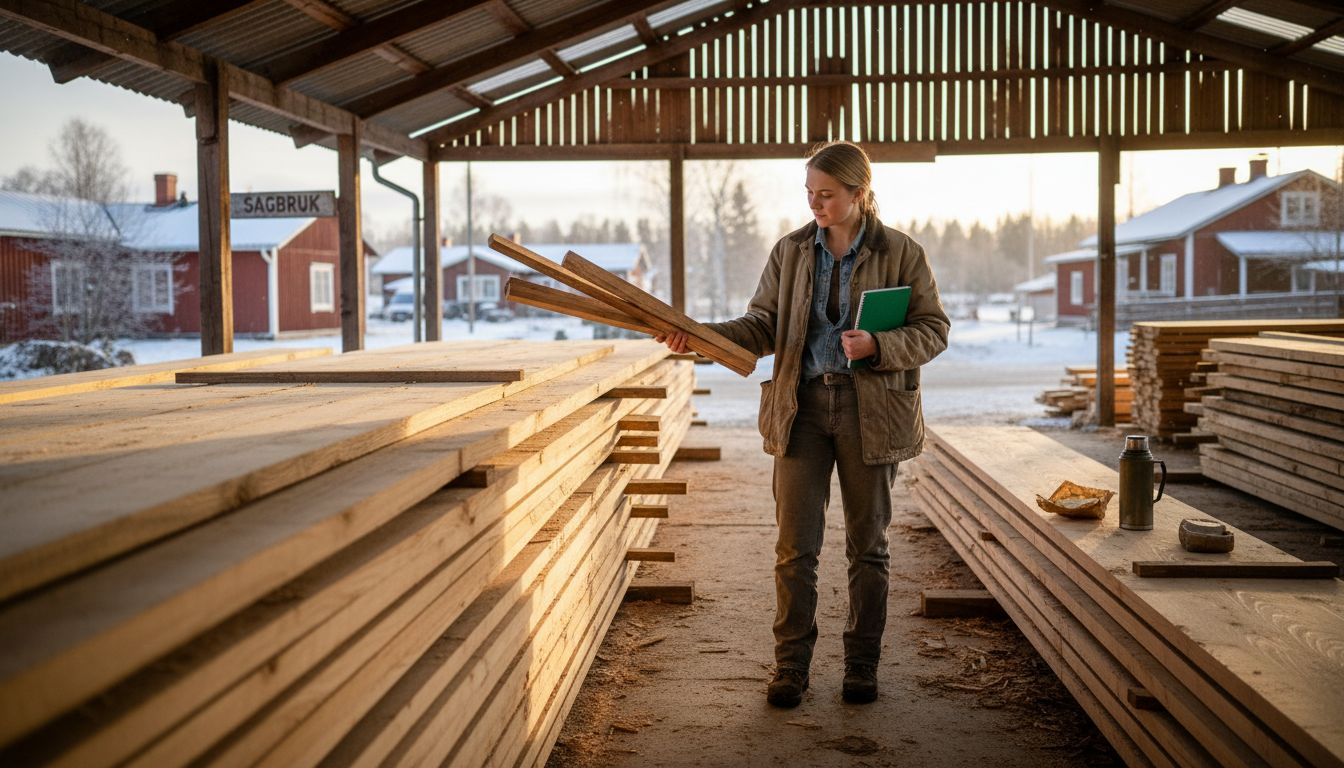 Kvinne ser nøye på miljøvennlig trevirke på et sagbruk