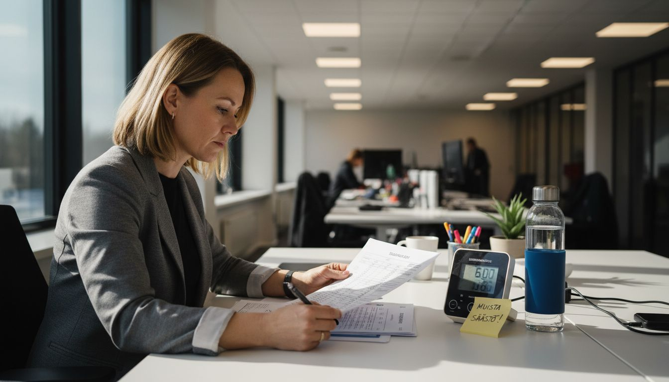 Toimistotyöntekijä tarkistaa, että toimiston valaistus on energiatehokas ja toimii niin kuin pitää.