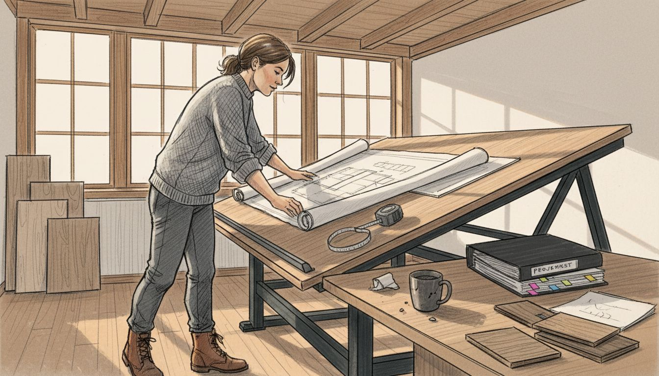 Arkkitehti suunnittelee omakotitaloa piirustusten äärellä työpöydän ääressä.