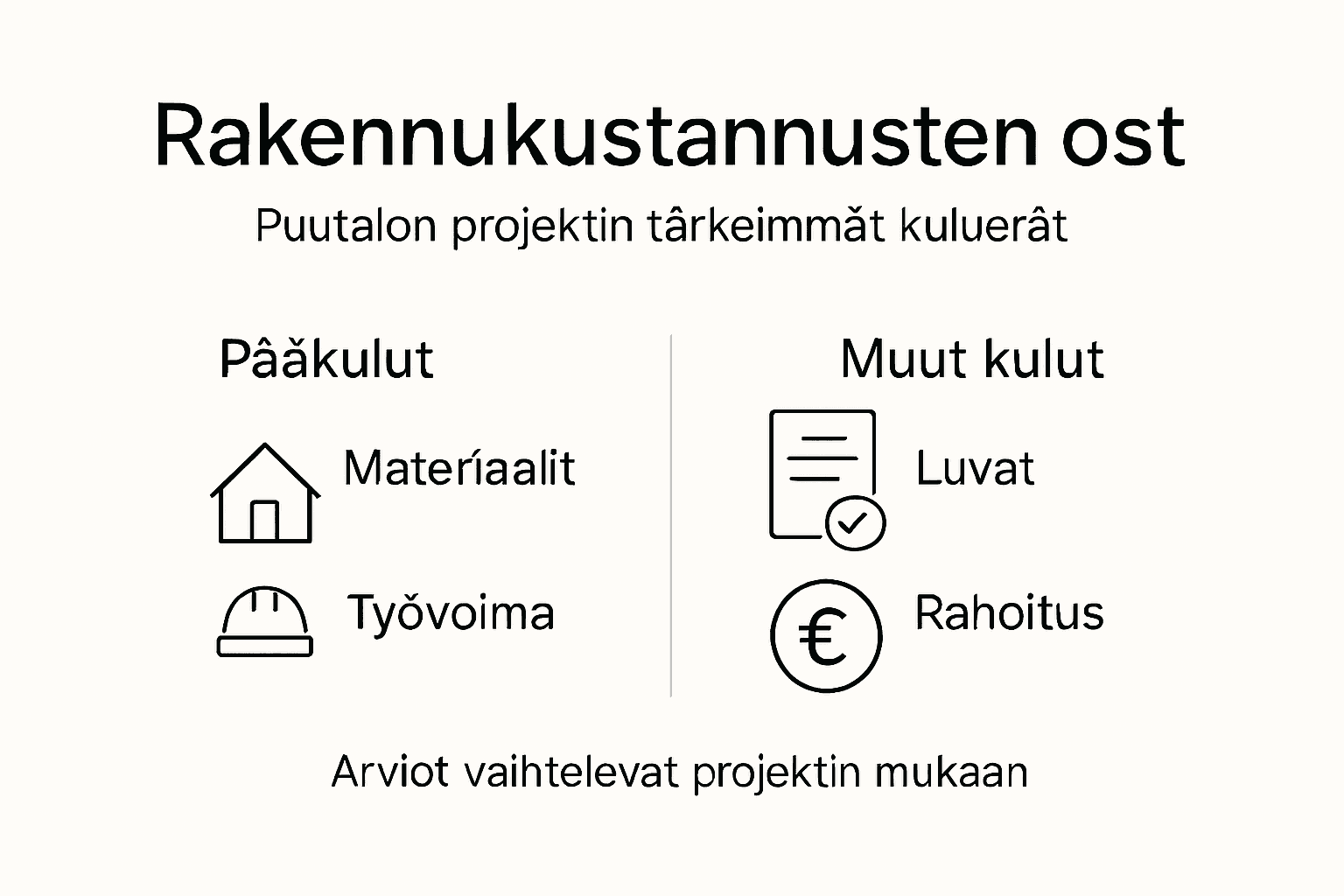 Kuvallinen kooste puutalon rakentamisen tärkeimmistä kustannuseristä