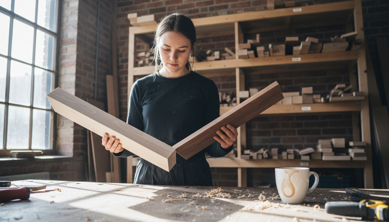 En snickare går igenom och jämför olika typer av trä som passar för byggprojekt i verkstaden.