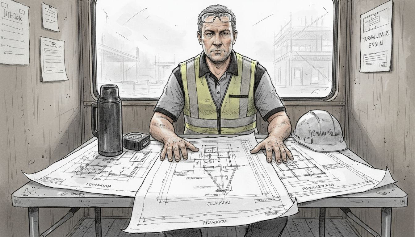 Työmaapäällikkö käy läpi erilaisia suunnitelmia ja piirustuksia työmaan edistymistä seuratakseen.