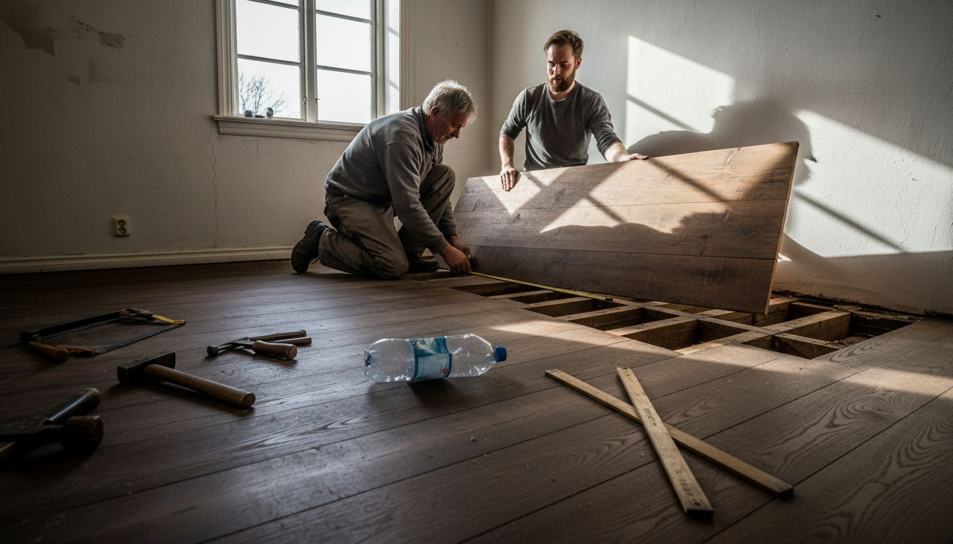 Två snickare håller på att lägga ett nytt ekgolv i ett hus.