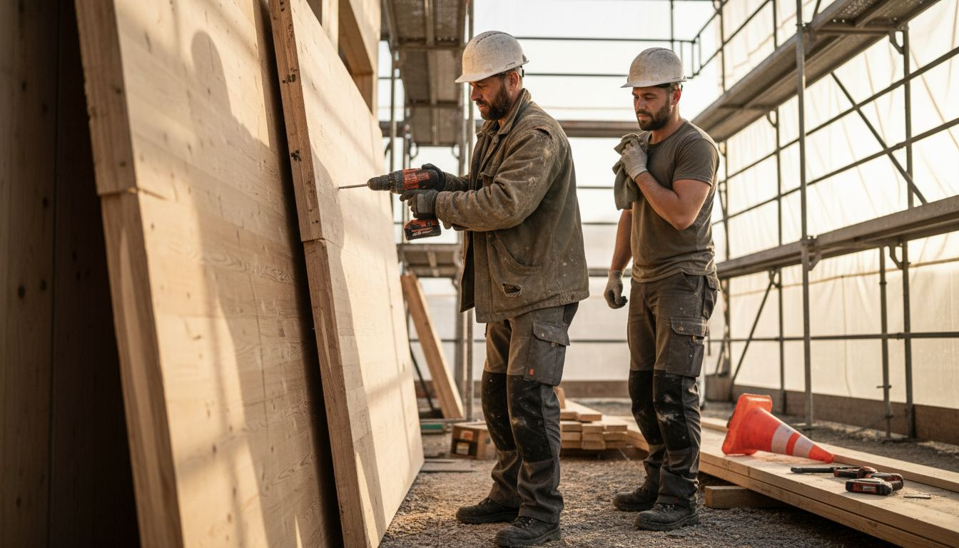 Auf der Baustelle montieren Arbeiter Holztafeln für den Rohbau.