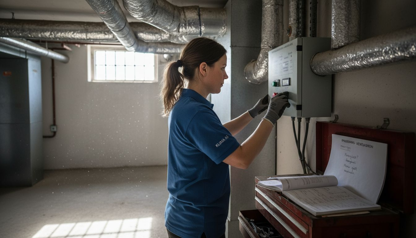 En servicetekniker er i gang med å finjustere ventilasjonsanlegget inne på det tekniske rommet.