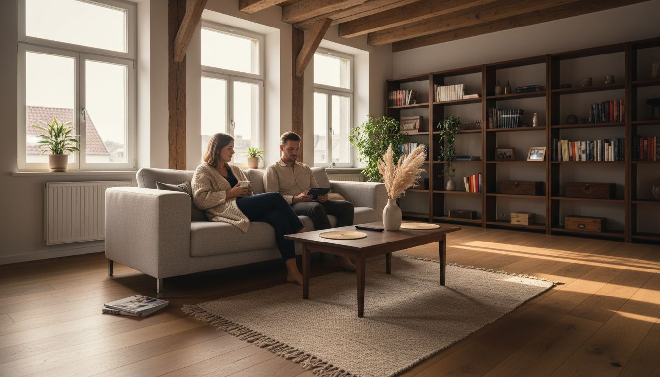 Ein freundlich gestaltetes Wohnzimmer mit stilvollen Holzakzenten sorgt für eine gemütliche Atmosphäre.