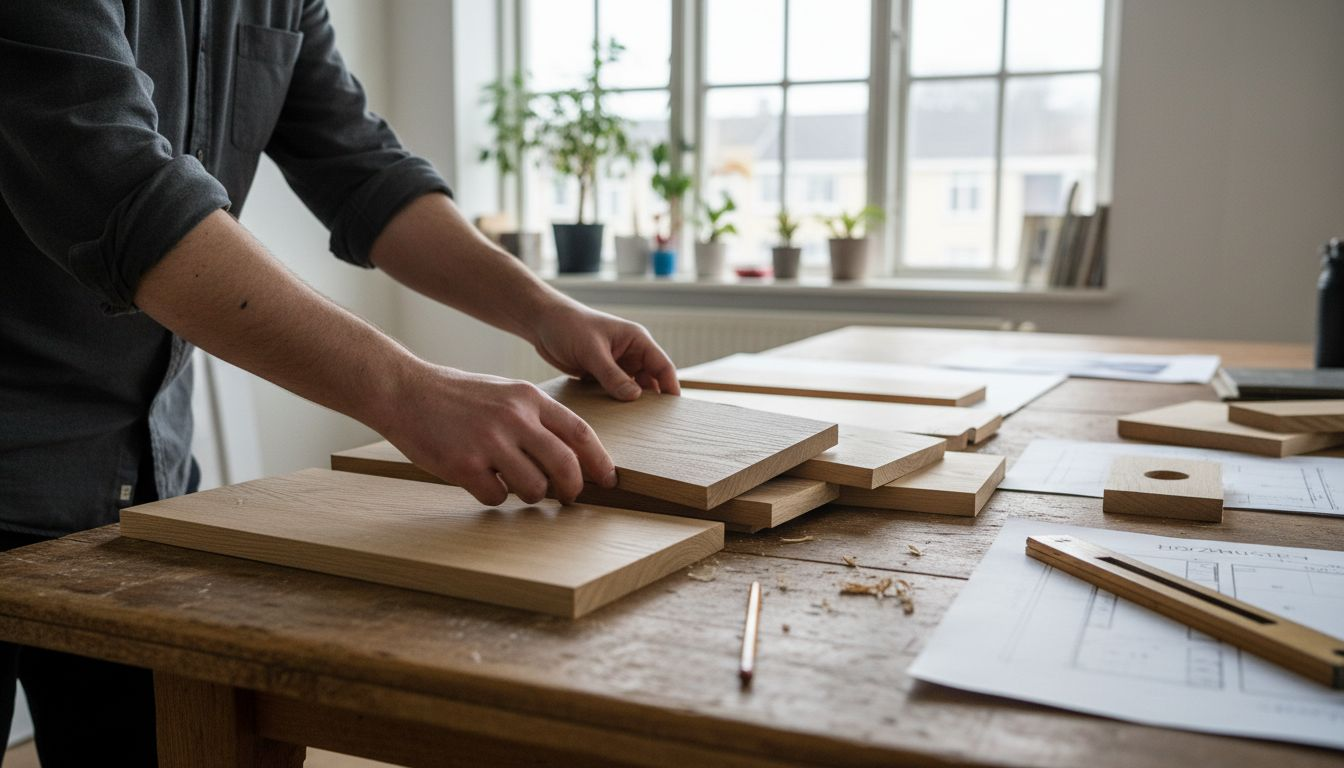 Holzproben liegen im Sonnenlicht auf dem Tisch.