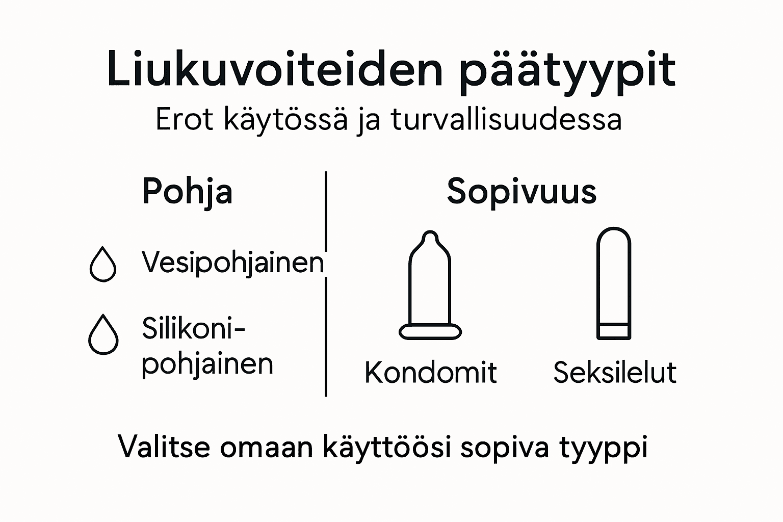 Kuvallinen katsaus eri liukuvoidevaihtoehtoihin ja niiden käyttötarkoituksiin