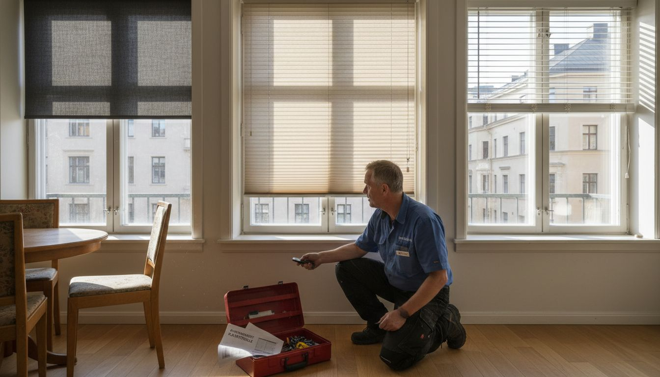 Asentaja esittelee ikkunassa kolme erilaista sälekaihdinmallia.