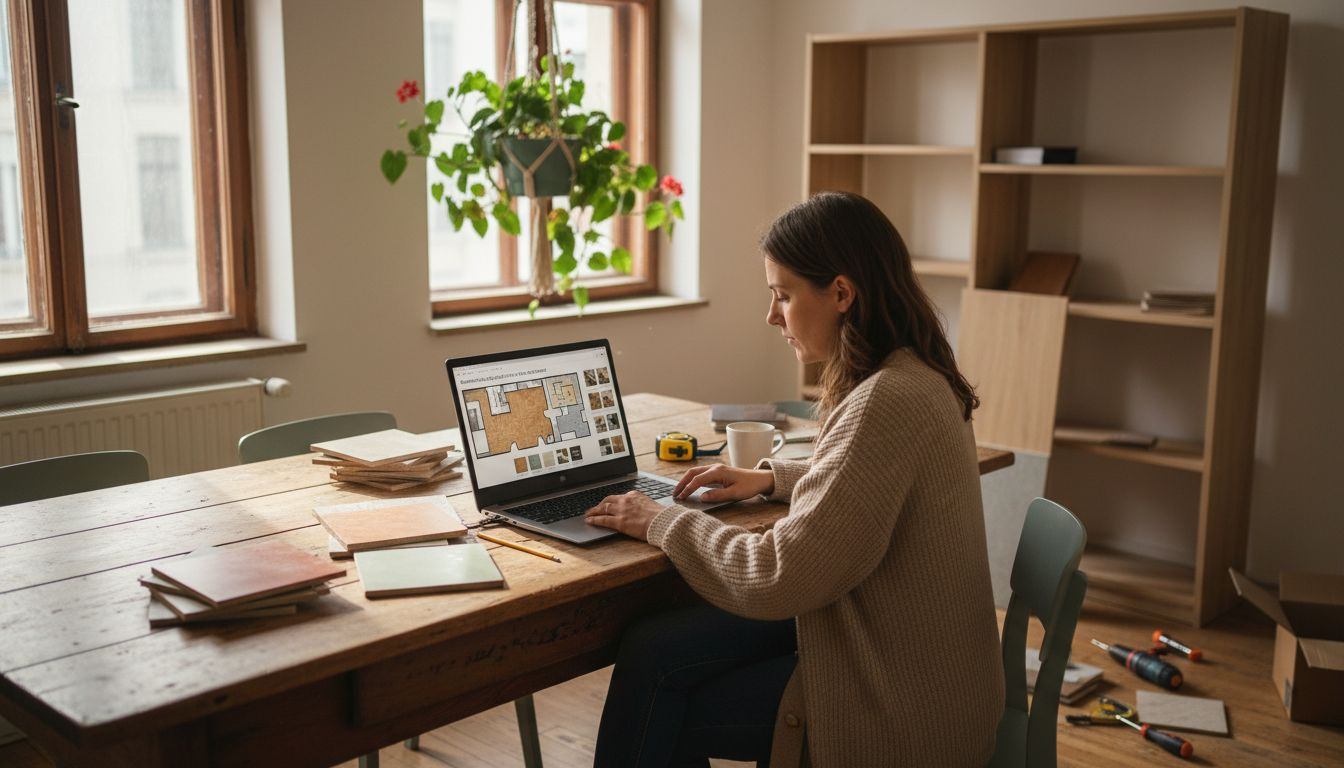 In ihrer lichtdurchfluteten Wohnung plant eine Frau gerade den Bodenbelag mit einem digitalen Tool.