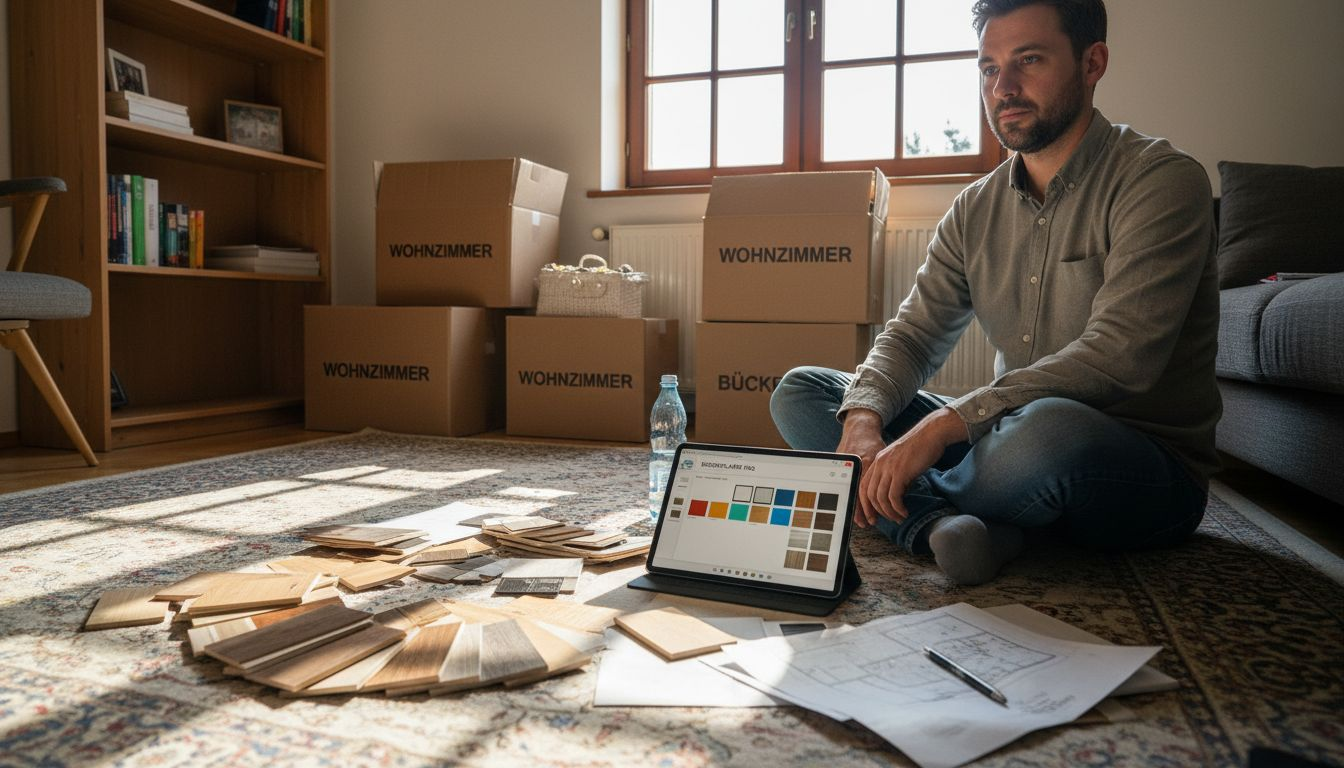 Mann testet verschiedene Bodenbeläge bequem per Tablet in den eigenen vier Wänden aus