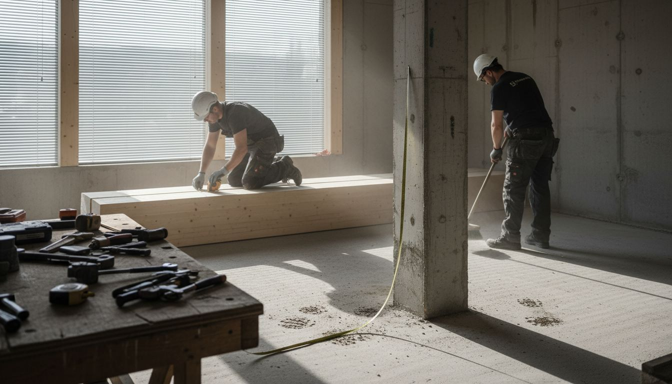 Bygningsarbeidere setter sammen konstruksjoner hvor tre og betong kombineres på en smart måte.